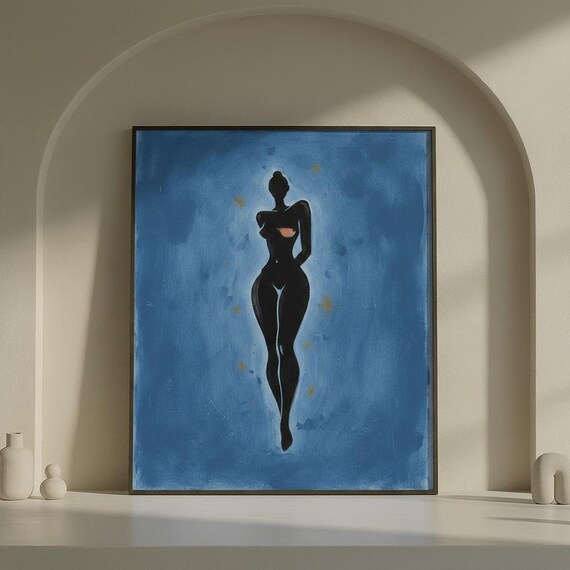 Abstract Female Silhouette Print Blue Celestial Wall Art
