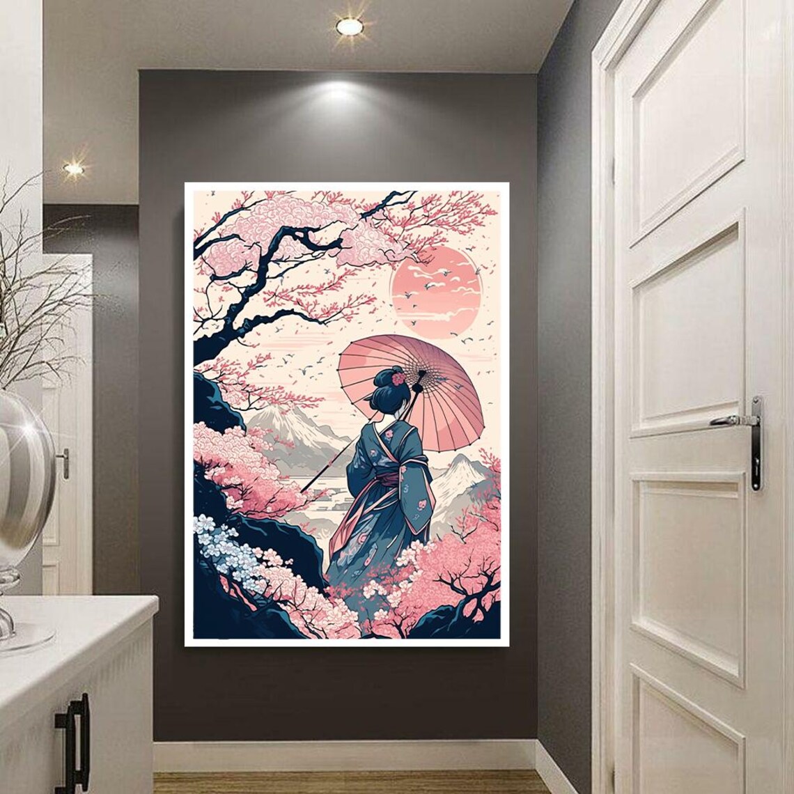 Geisha With Parasol Among Cherry Blossoms Mount Fuji Japan Art Poster - Image 2