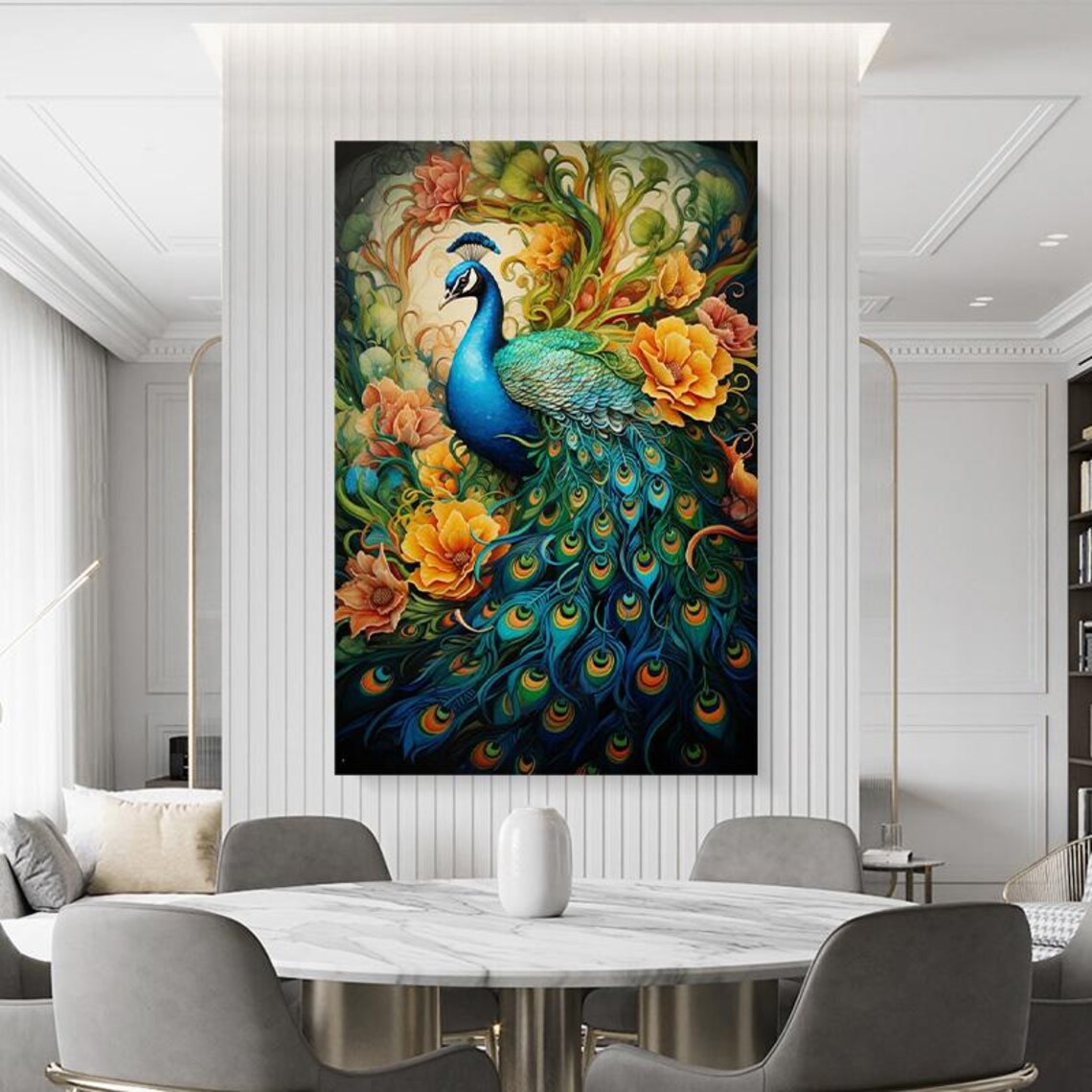Blue Peacock With Flowing Tail Among Orange Blossom Flowers Art Poster - Image 2