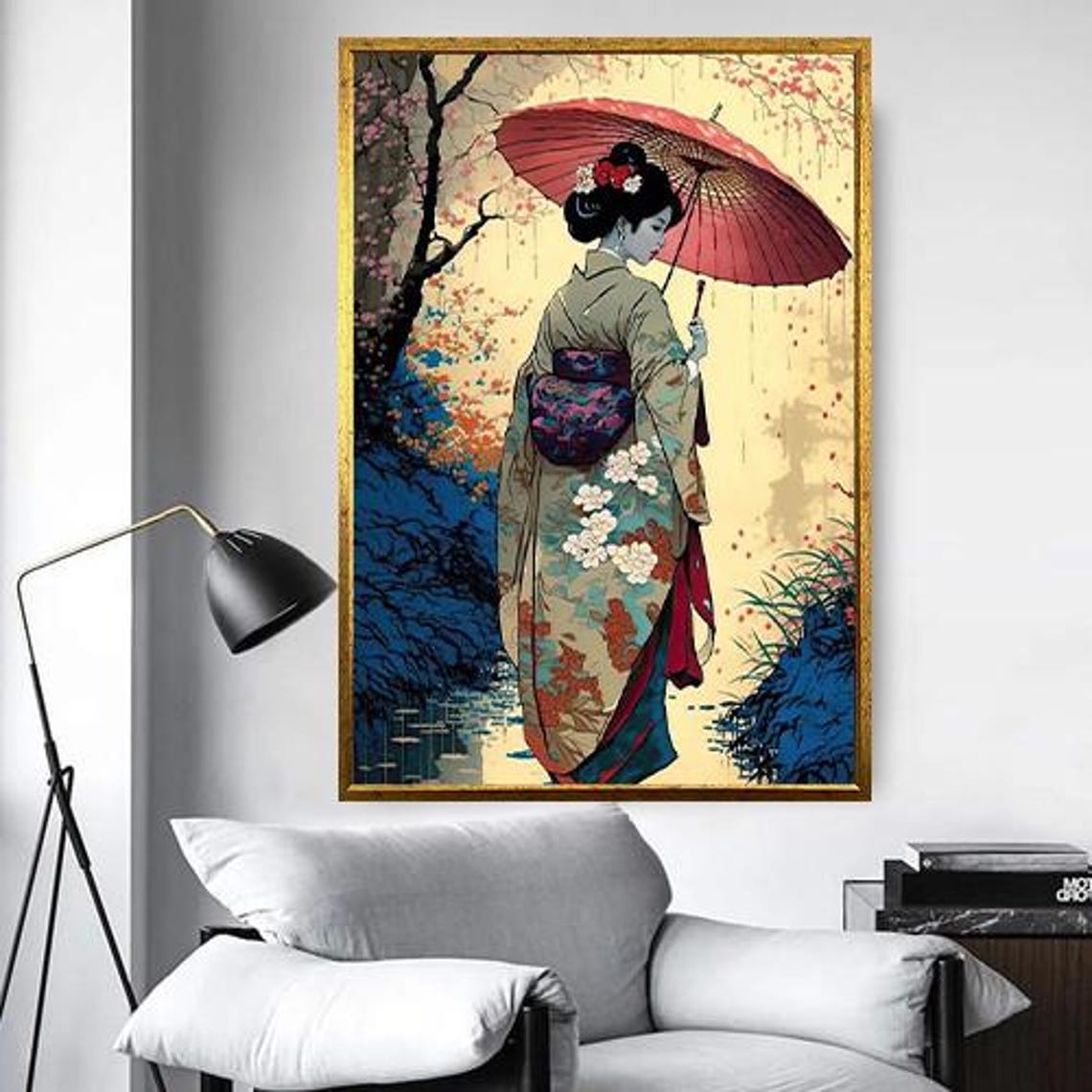 Geisha In Kimono With Red Parasol Classic Ukiyo-e Style Wall Poster - Image 5