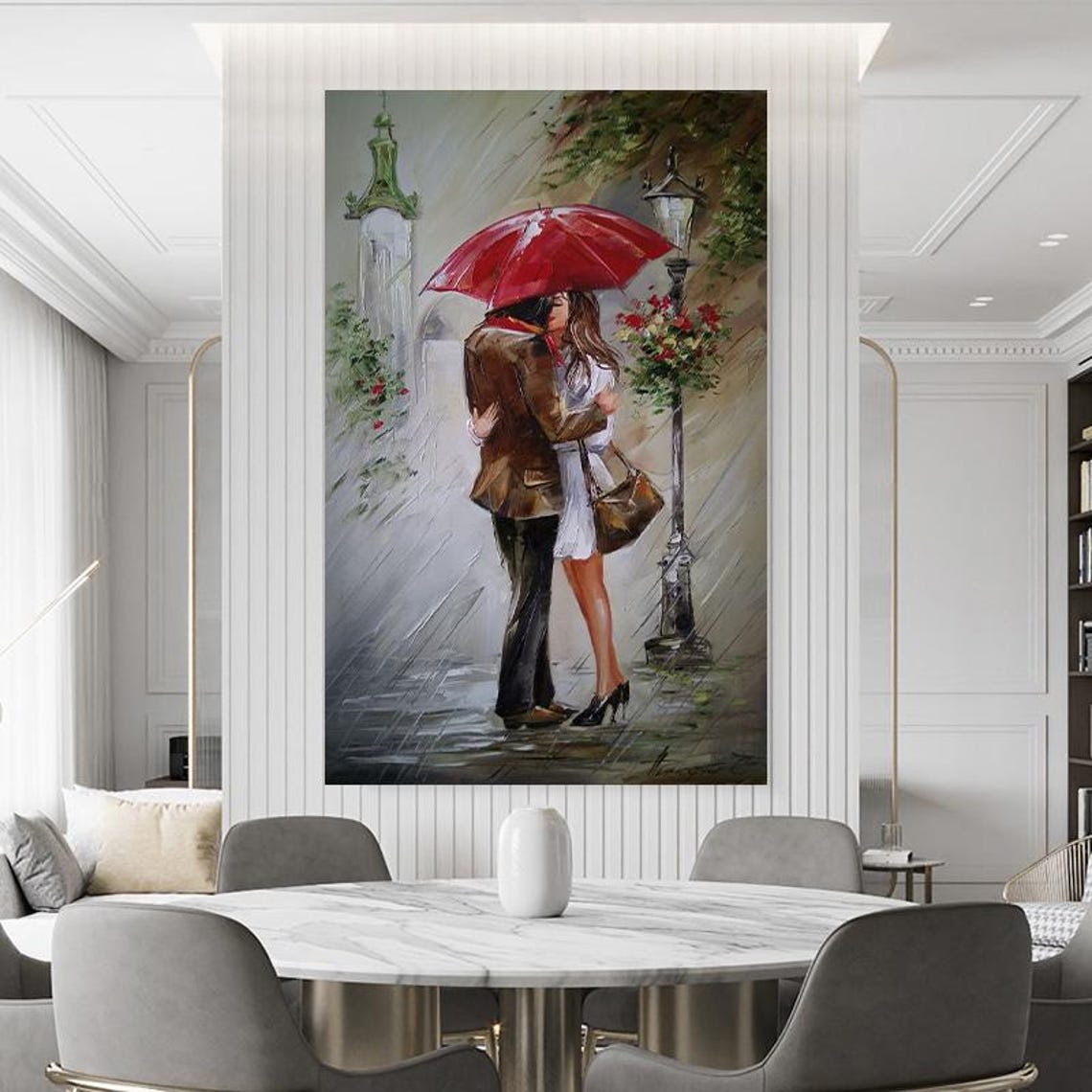 Romantic Couple Kissing Under A Red Umbrella In The Rain Poster - Image 3