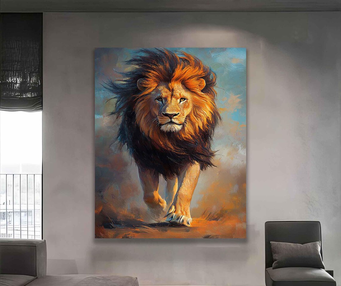 Majestic Lion Walking Colorful Windblown Mane Oil Painting Poster - Image 4