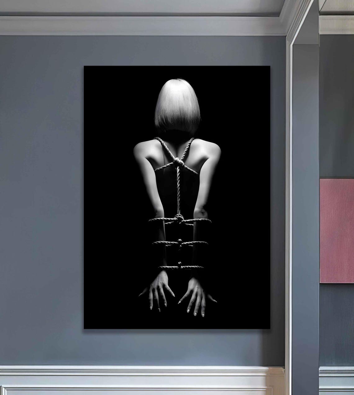 Standing Woman with Bound Arms Black White Shibari Art Poster - Image 3