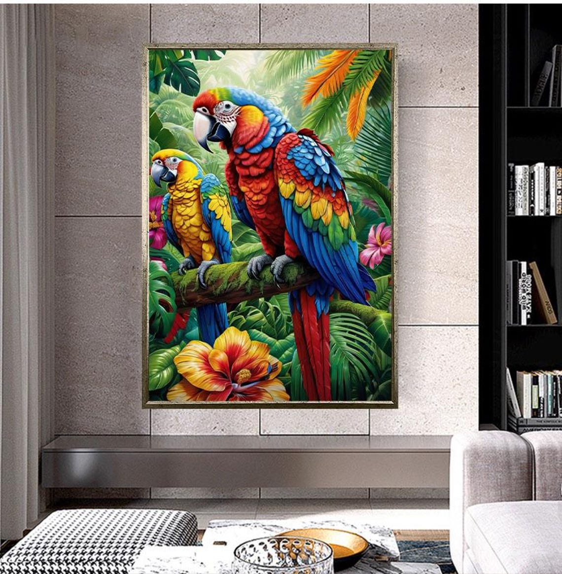 Scarlet Macaw Pair Perched On Branch Tropical Jungle Parrot Art Poster - Image 5
