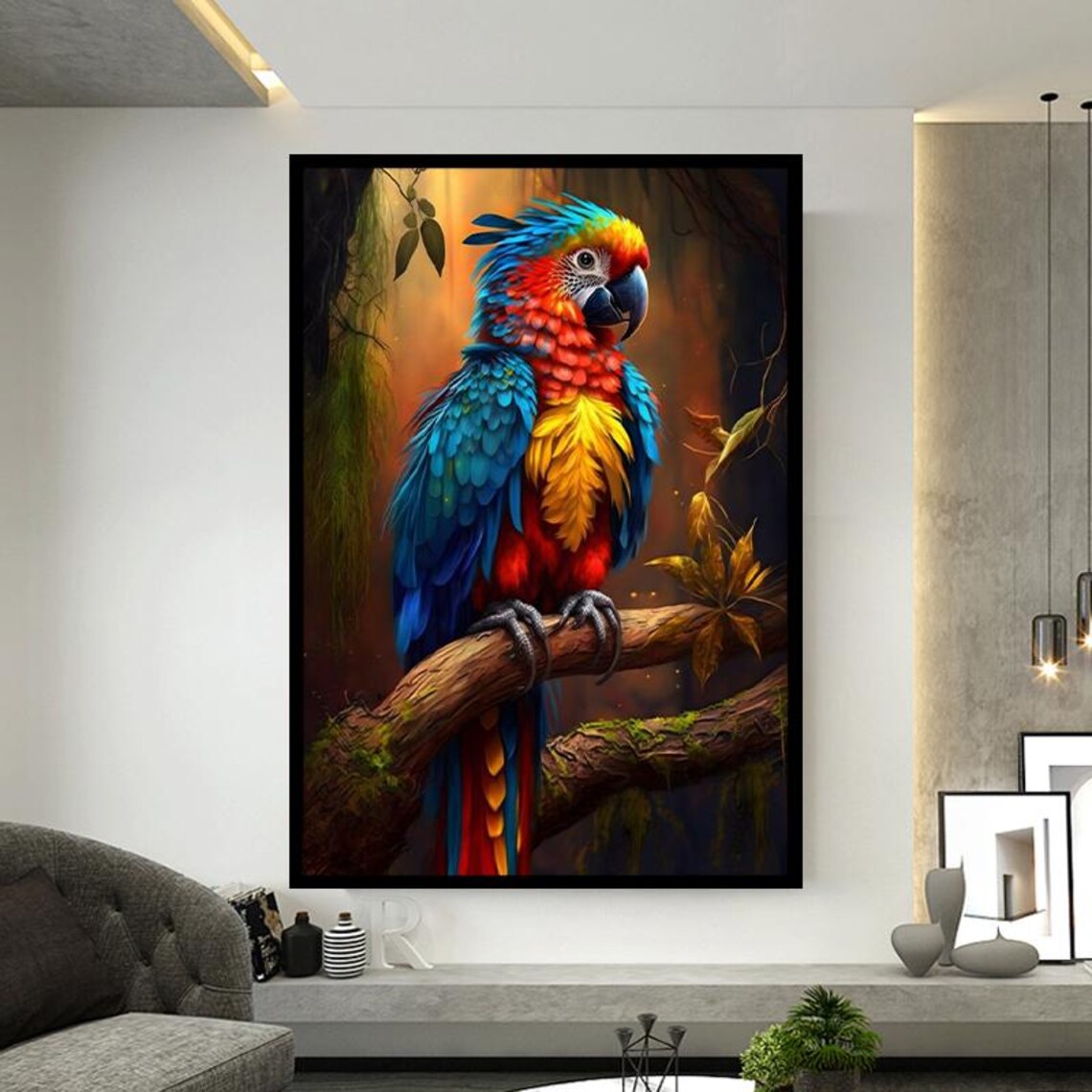 Scarlet Macaw Parrot On Branch In Tropical Jungle Bird Print - Image 2