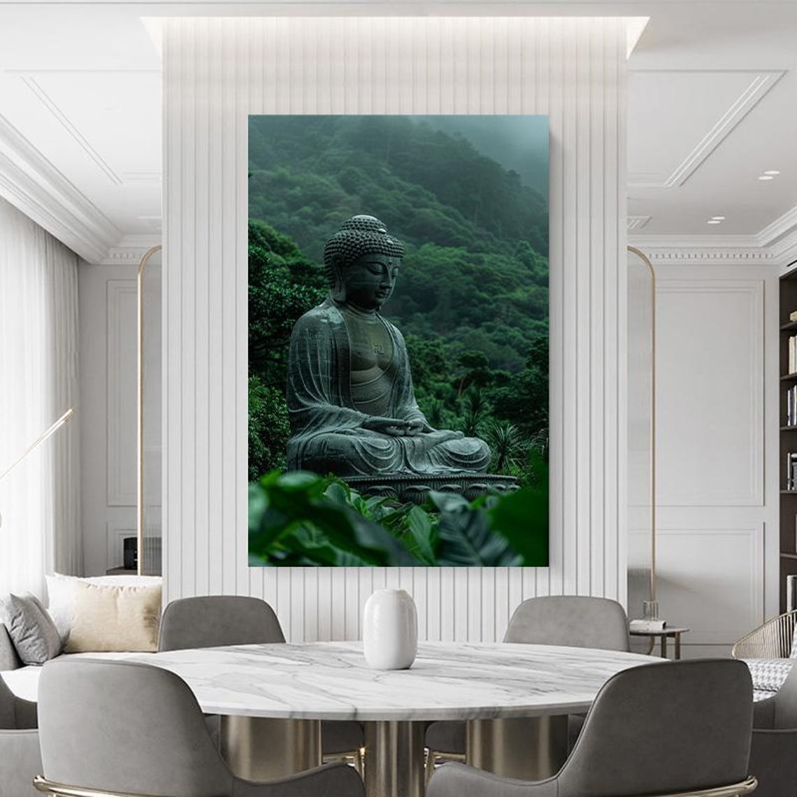 Ancient Stone Buddha Statue Meditating In Misty Green Forest Poster - Image 2