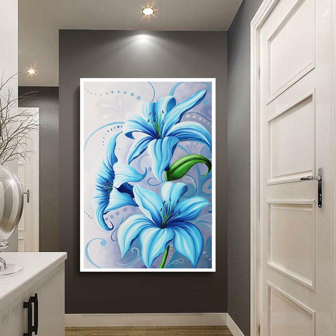 Elegant Glowing Blue Lilies Decorative Botanical Floral Art Poster