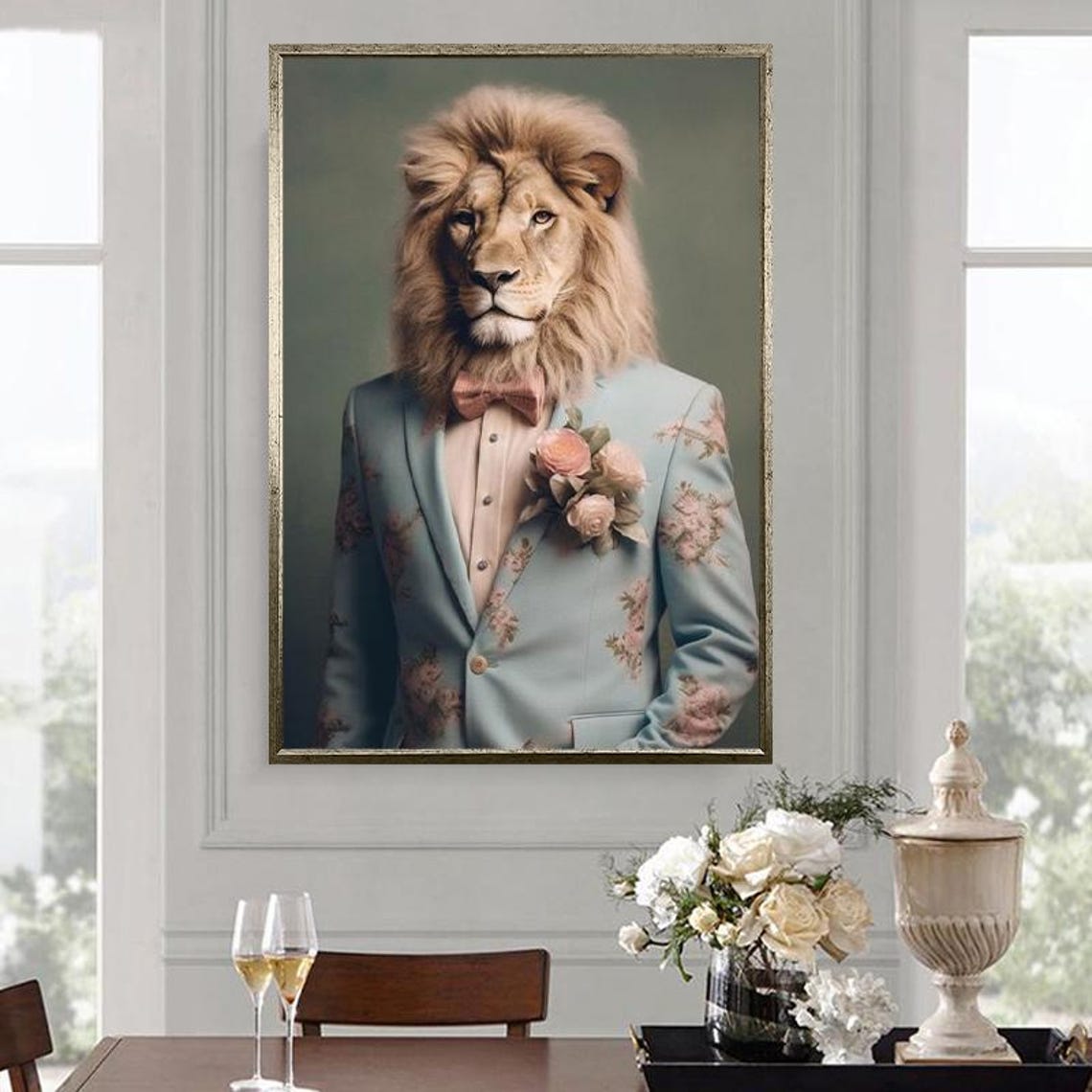 Dapper Lion In Blue Floral Suit With Pink Bow Tie Portrait Poster