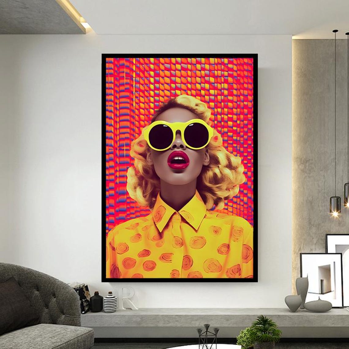 Pop Art Blonde Woman in Oversized Yellow Sunglasses Retro Poster - Image 2