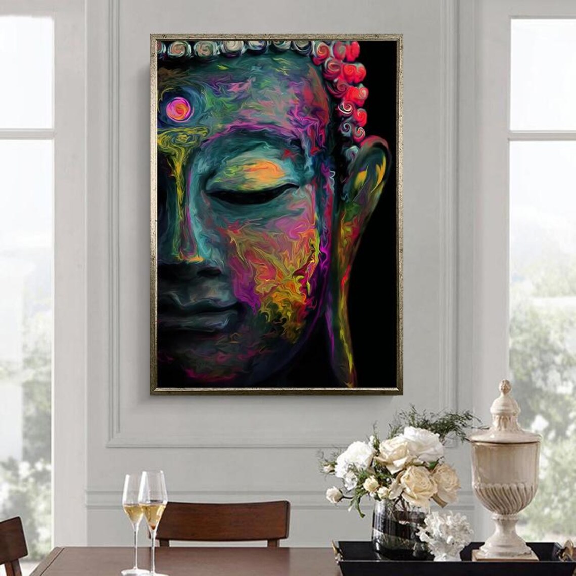 Vibrant Neon Buddha Face Colorful Abstract Spiritual Wall Art
