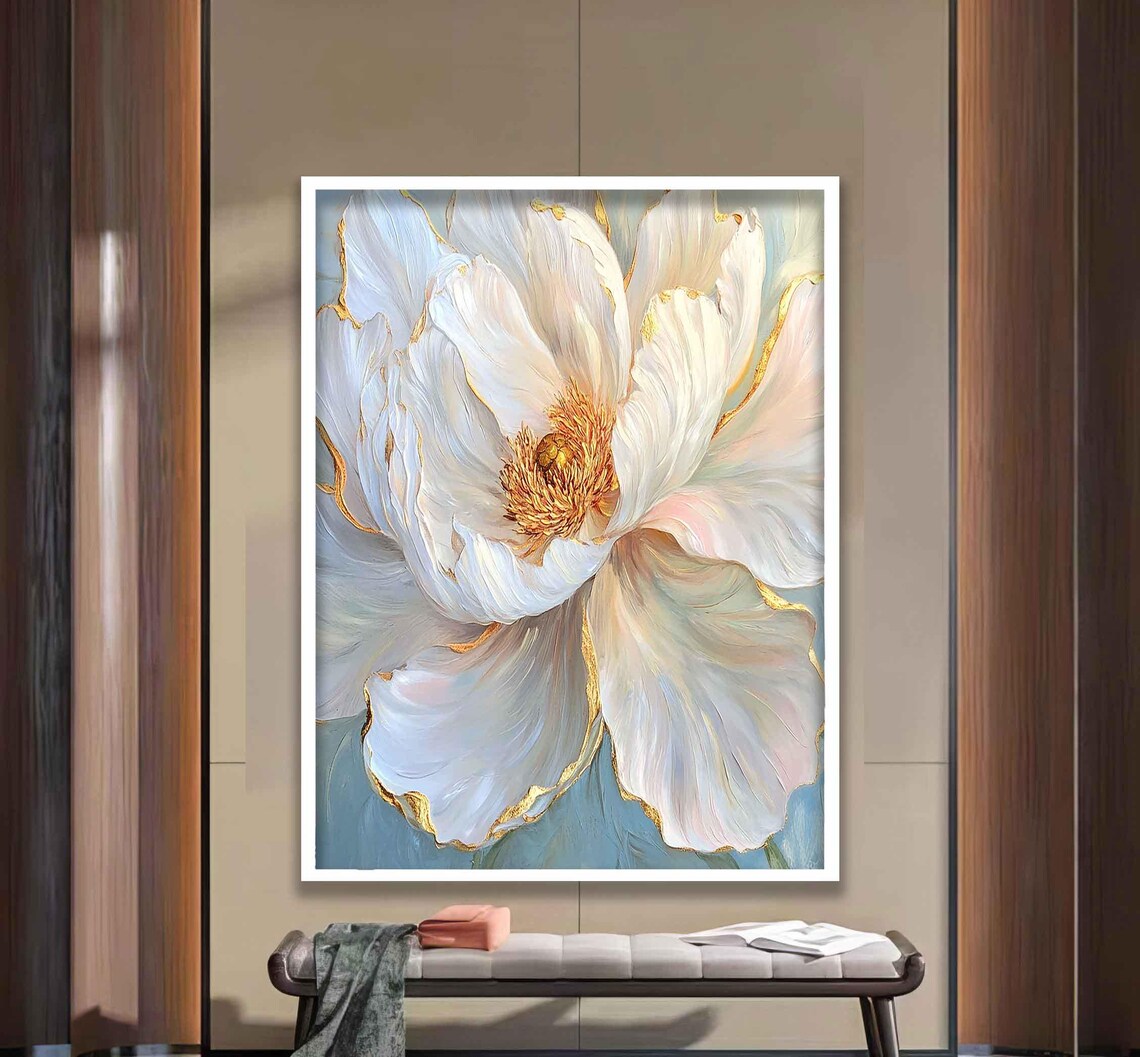 White Peony Blossom with Gold Edges Elegant Floral Art Poster - Image 2
