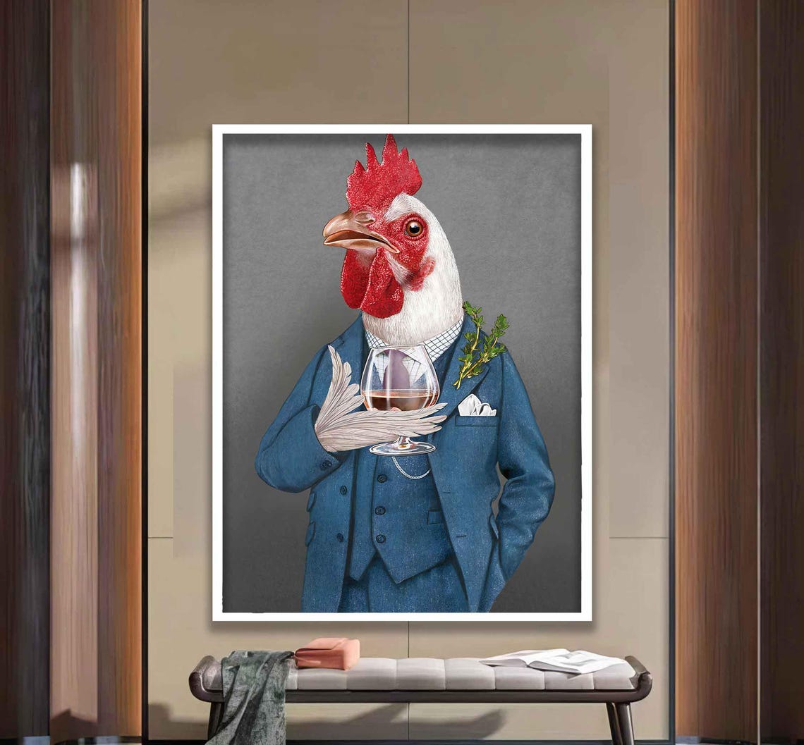 Dapper Rooster in Blue Suit Holding a Brandy Glass Portrait Poster - Image 3
