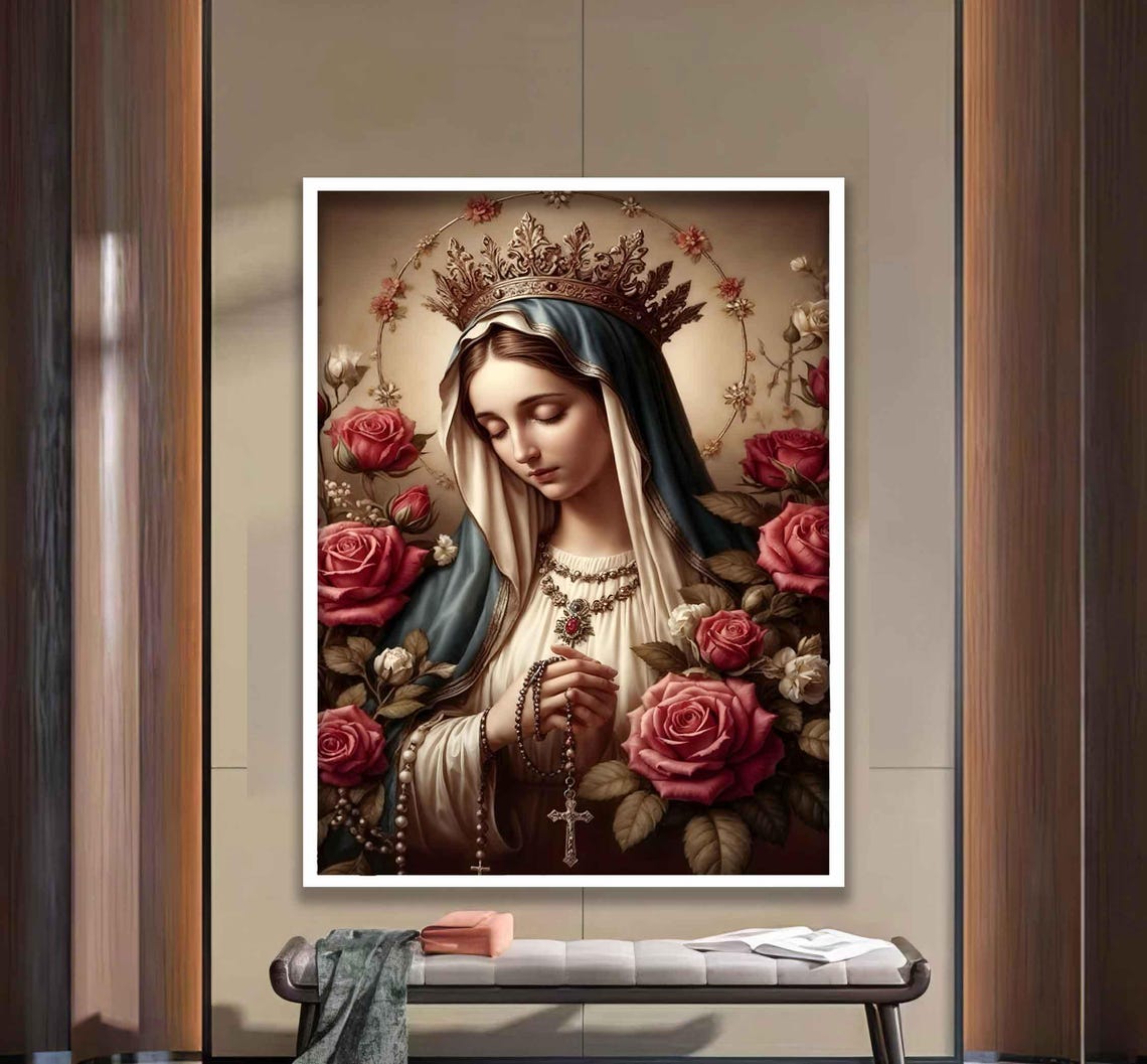 Crowned Virgin Mary with Rosary and Roses Catholic Faith Poster - Image 5