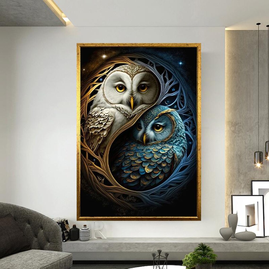 White and Blue Owls in Yin Yang Circle Mystical Wildlife Poster - Image 5