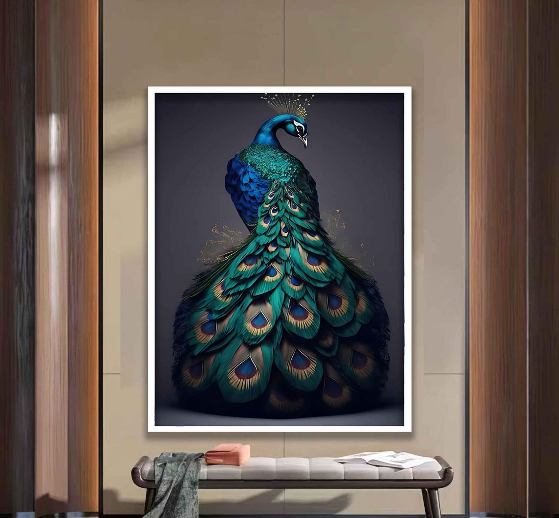 Majestic Blue Peacock with Fanned Iridescent Tail Feather Poster - Image 2
