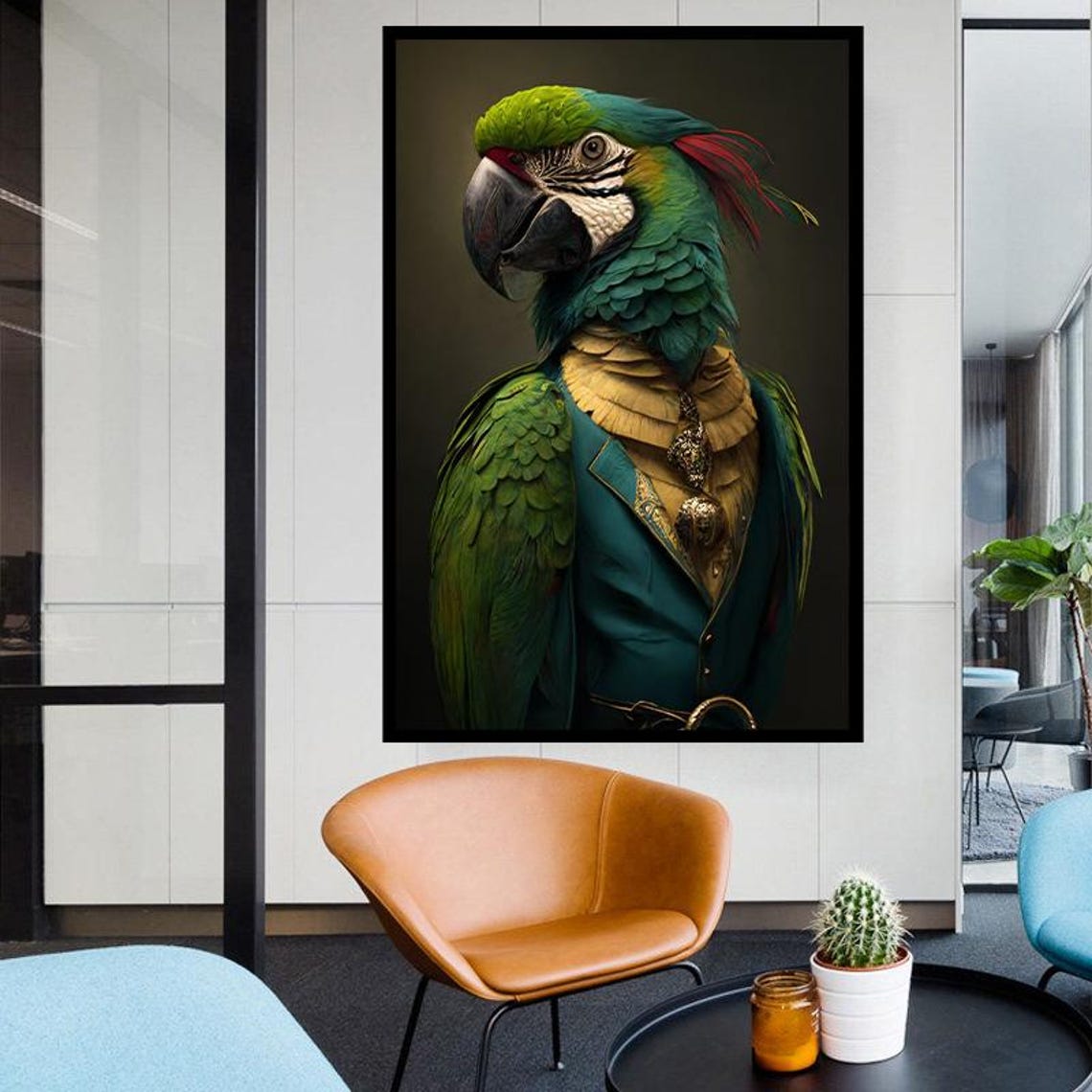 Green Parrot In Vintage Suit Aristocratic Bird Portrait Poster - Image 4