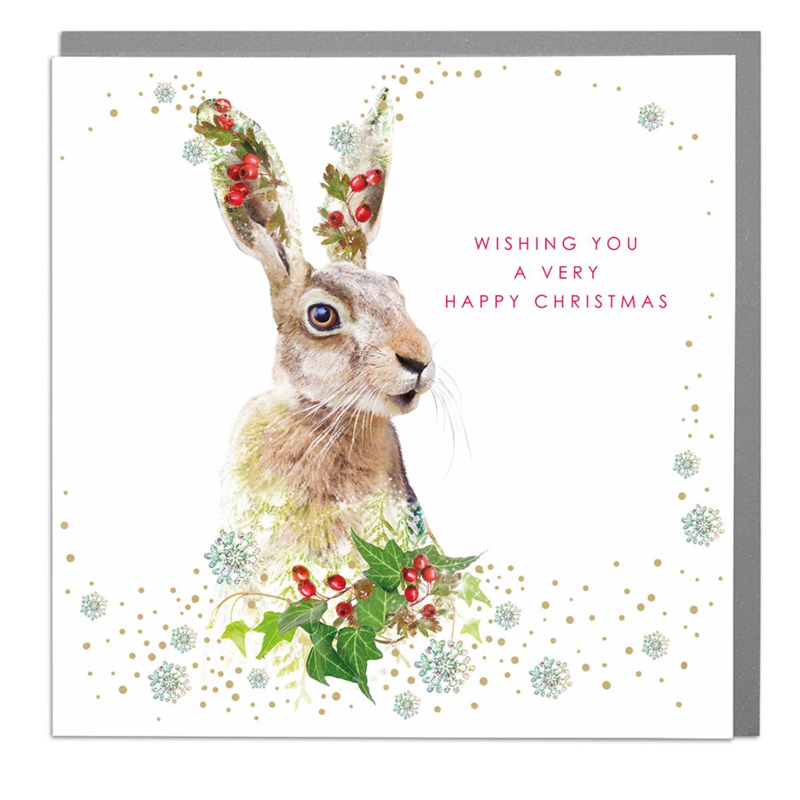 Hare Happy Christmas Card Winter Floral Holiday Greeting Art Print