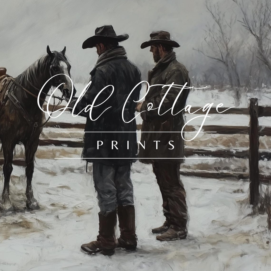 Rustic Winter Cowboys with Horse in Snowy Corral Western Poster - Image 4