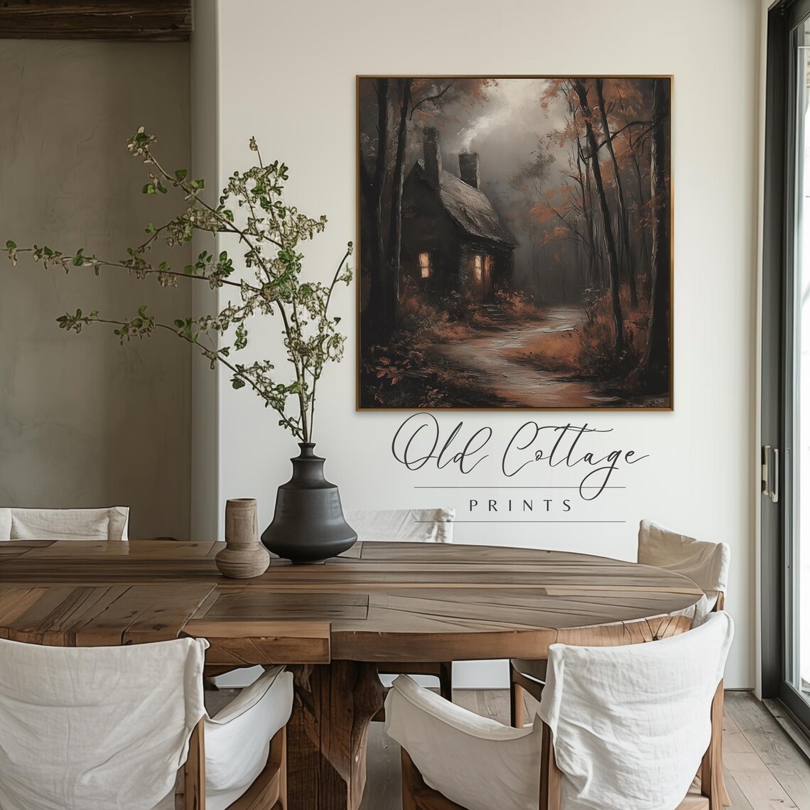 Dark Cottage in Autumn Forest Moody Vintage Oil Painting Poster - Image 3