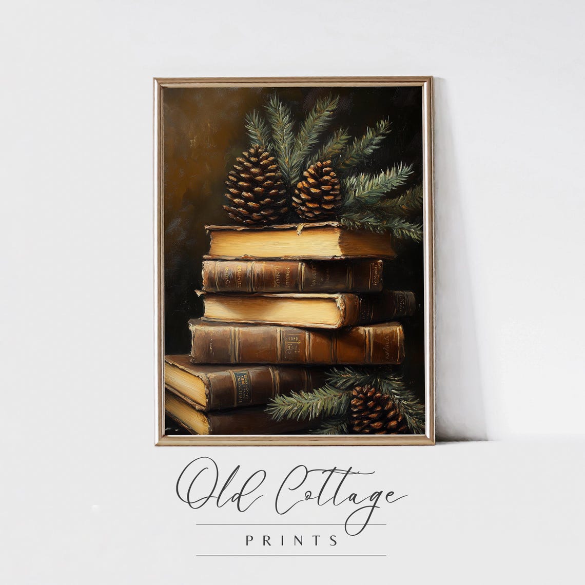 Stack Of Antique Books With Pinecones For Winter Cabin Wall Poster