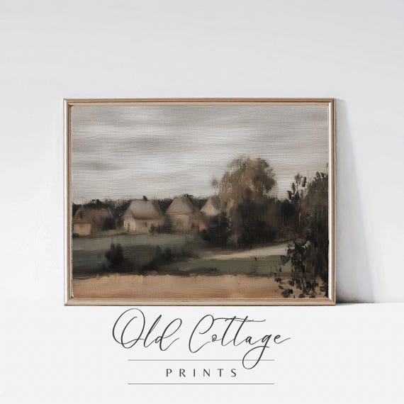 Rural Landscape Art Print Serene Overcast Field Small Houses And Trees Country Cottagecore Wall Decor Meadow Muted Color