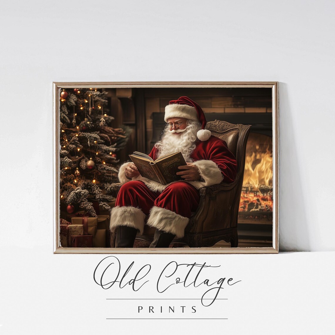 Vintage Santa Reading by the Fireplace Classic Christmas Art Poster