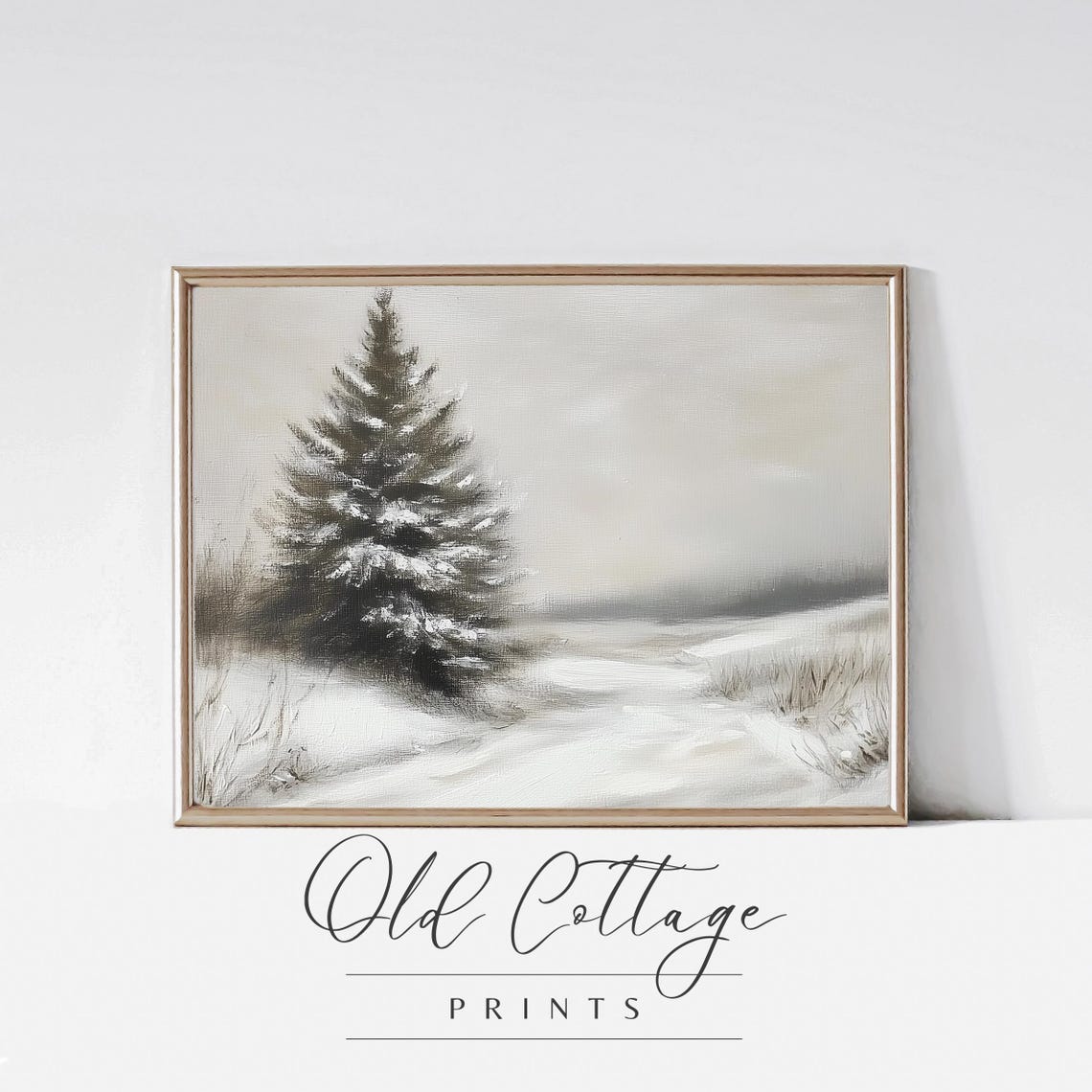 Lone Snowy Evergreen Tree Minimalist Winter Landscape Art Poster