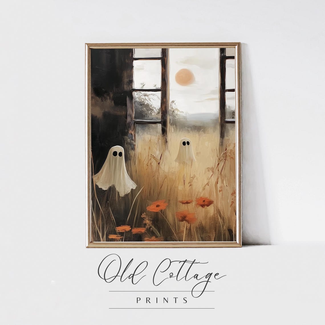 Two Ghosts in Tall Grass by Old Barn Cute Halloween Art Poster