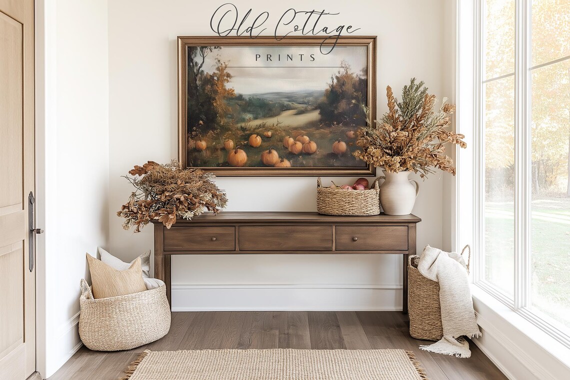 Pumpkins in Meadow Overlooking Valley Autumn Vintage Art Poster - Image 3