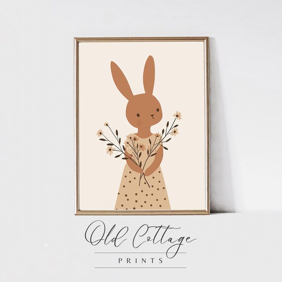 Sweet Bunny with Wildflowers Neutral Girls Room Illustration Poster