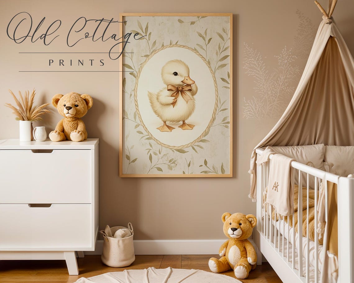 Sweet Duckling With Brown Bow In Oval Nursery Frame Wall Poster - Image 3