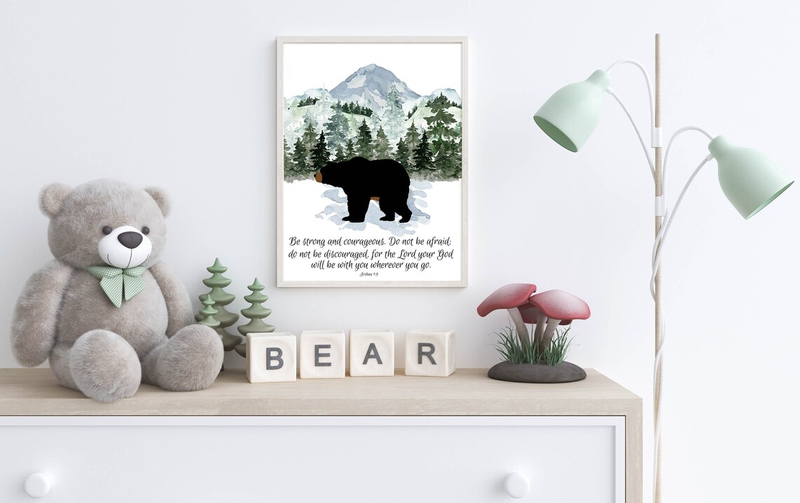 Joshua 19 Bear Mountains Watercolor Be Strong and Courageous Poster - Image 2