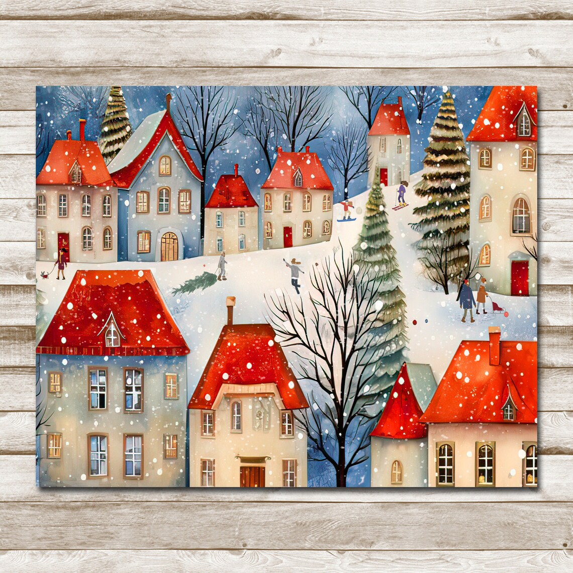 Snowy Christmas Village Red Roof Houses Winter Landscape Poster - Image 4