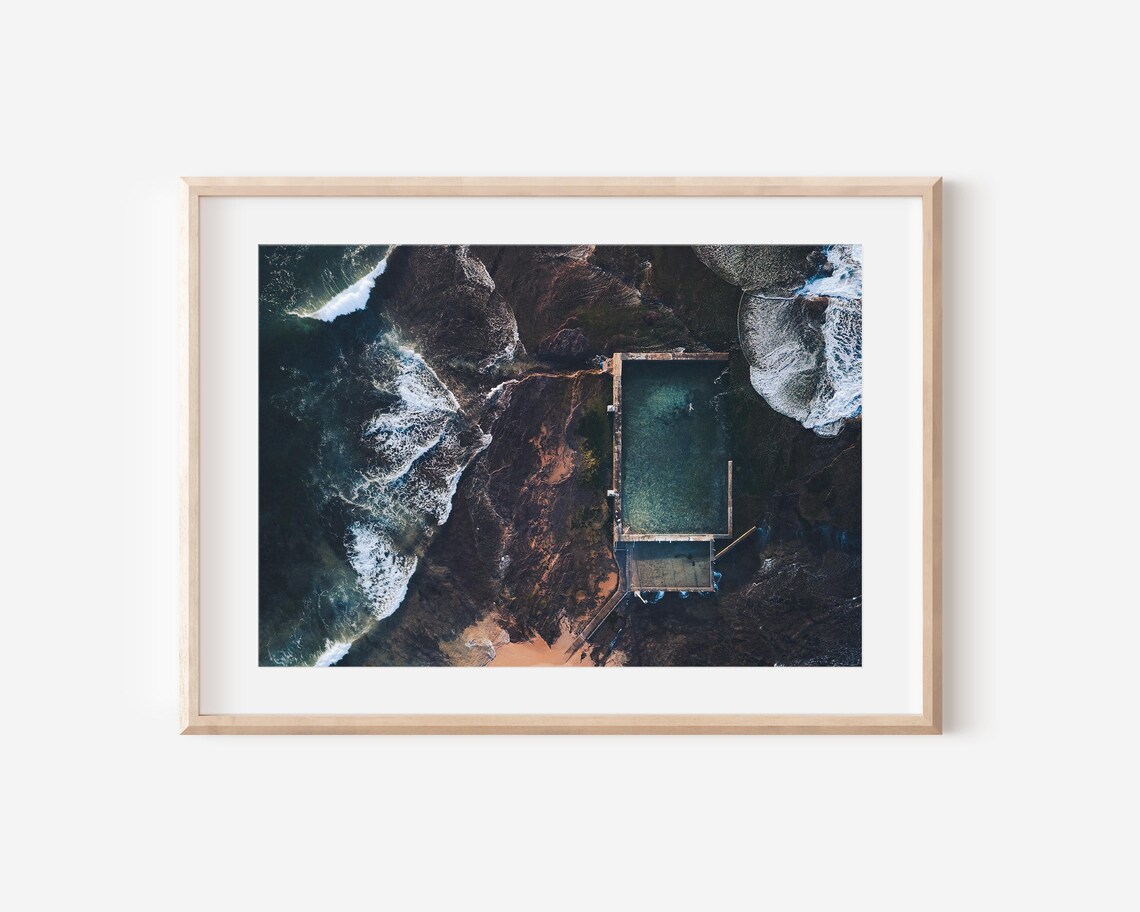 Ocean Rockpool Waves Aerial Sunrise Morning Drone Photography Print
