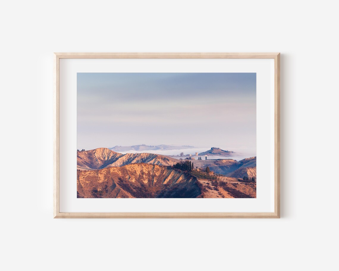 Golden Sunrise Over Italian Hillside Misty Valleys Landscape Photo Poster