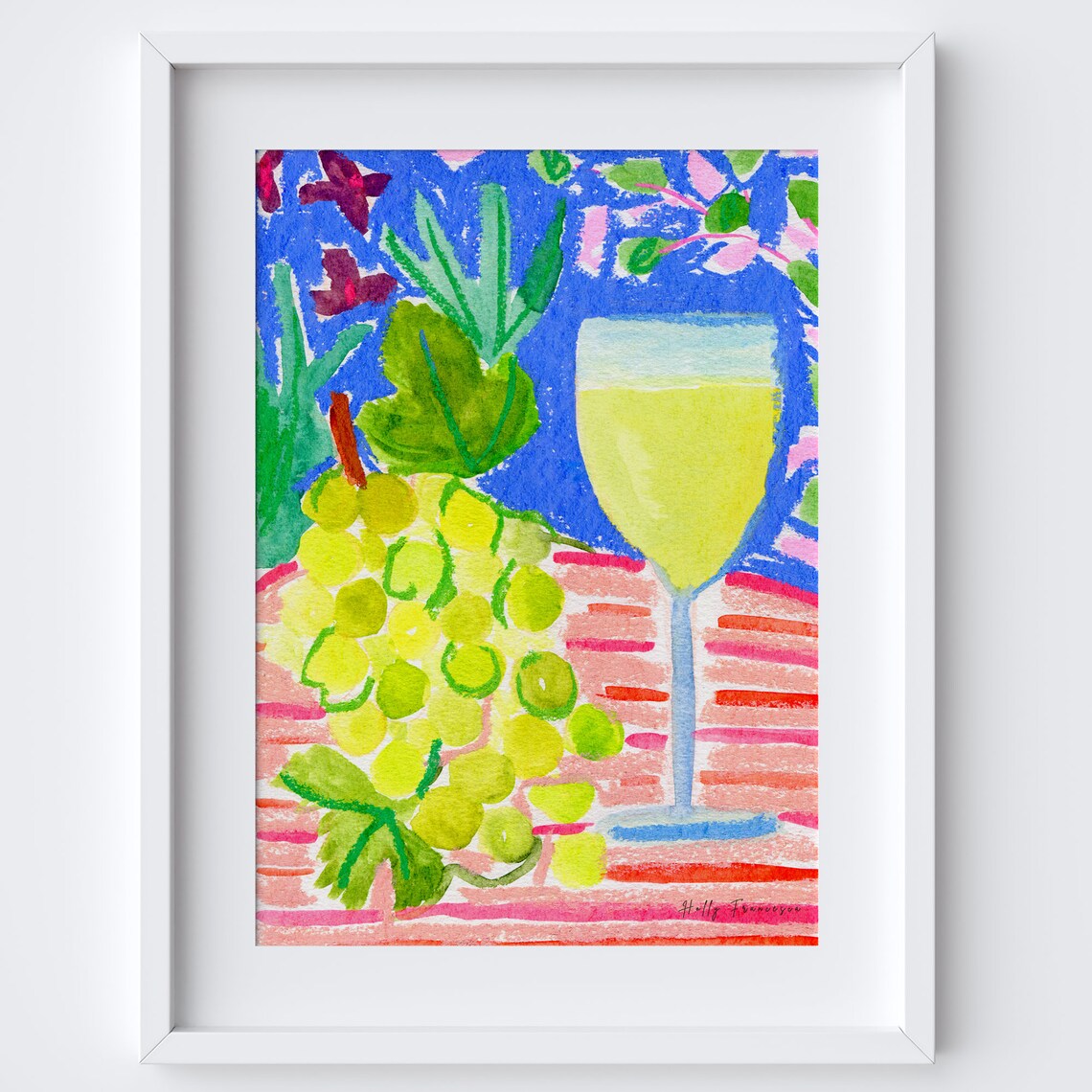 White Wine Grapes Table Scene Watercolour Art Print