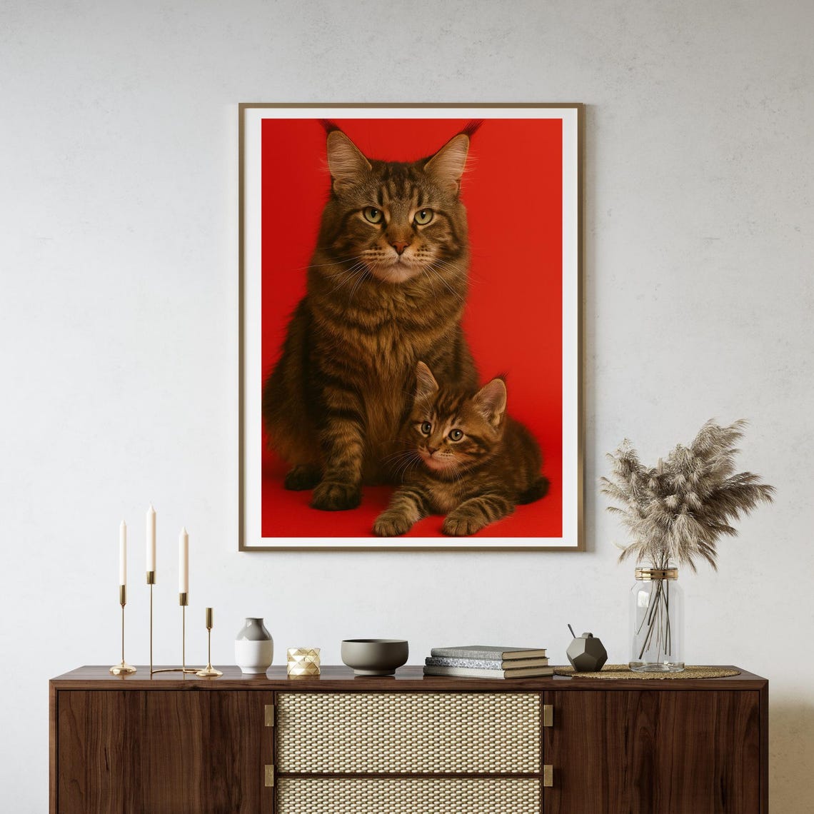 Maine Coon Cat And Kitten Portrait Bold Red Background Poster