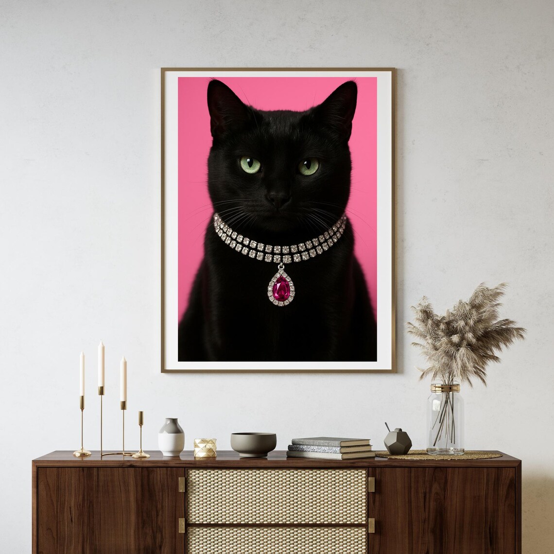 Black Cat Pink Background Jewel Necklace Portrait Fashion Cat Poster