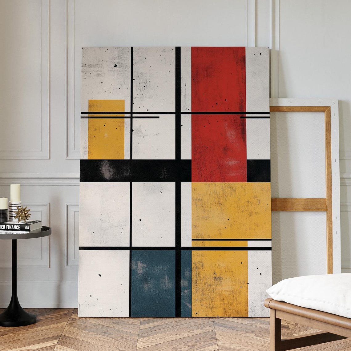 Modern Mondrian Style Geometric Canvas Wall Art Abstract Red Yellow Blue Blocks With Bold Grid Minimalist Line Print