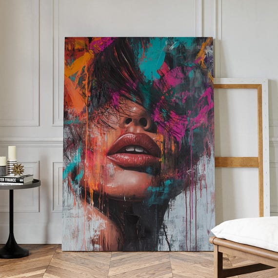 Bold Abstract Female Face Canvas Wall Art Vibrant Lips Color Splash Expressionism Modern Pop For Contemporary Urban Decor