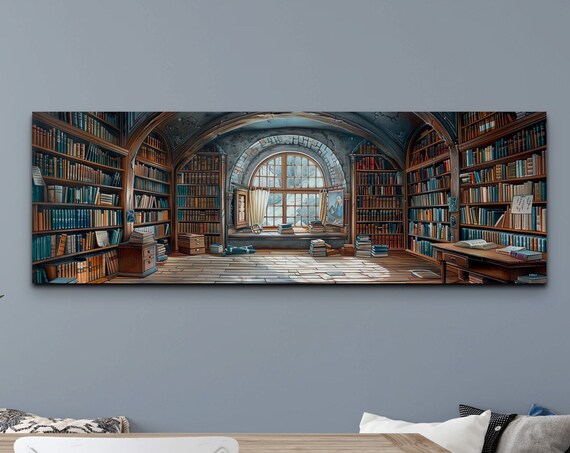 Mystic Library Arched Stone Hall Panoramic Watercolor Wall Art