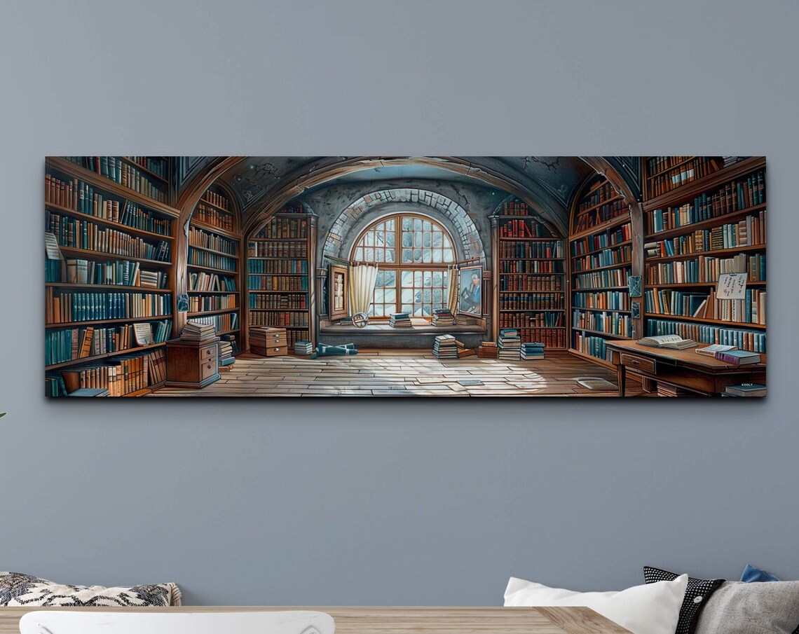 Mystic Library Arched Stone Hall Panoramic Watercolor Wall Art