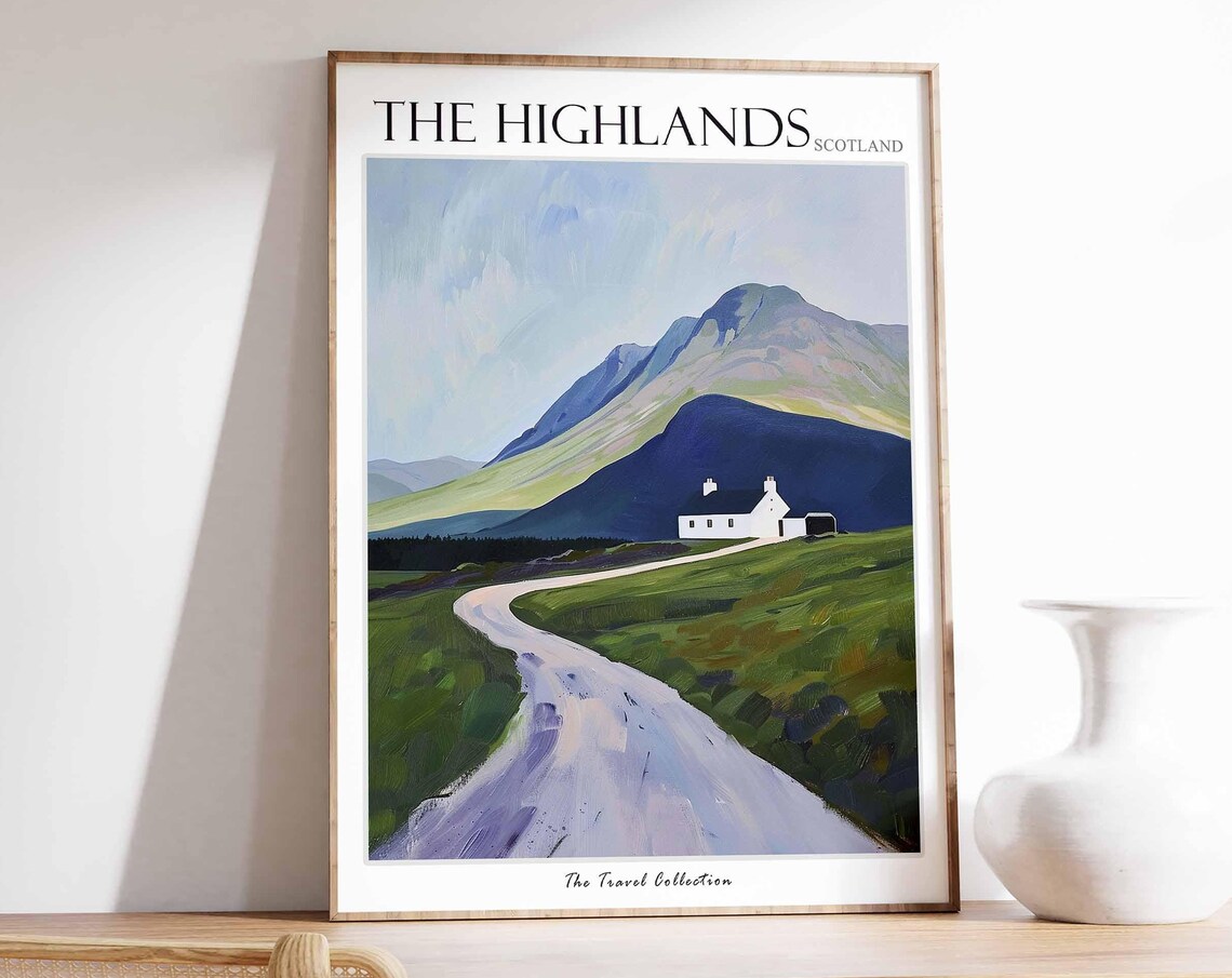 The Highlands Scotland White Cottage Winding Road Mountain Glen Poster