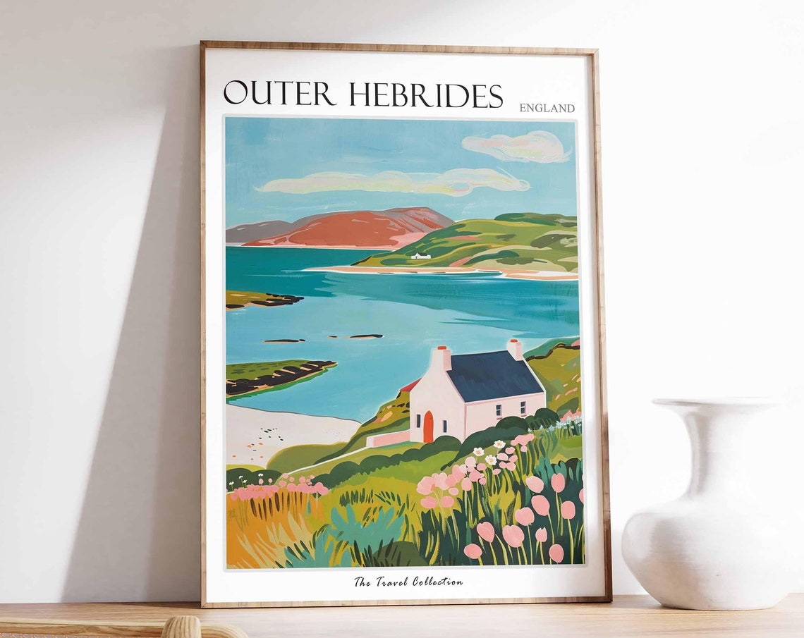 Outer Hebrides White Cottage Turquoise Bay Scene Travel Poster