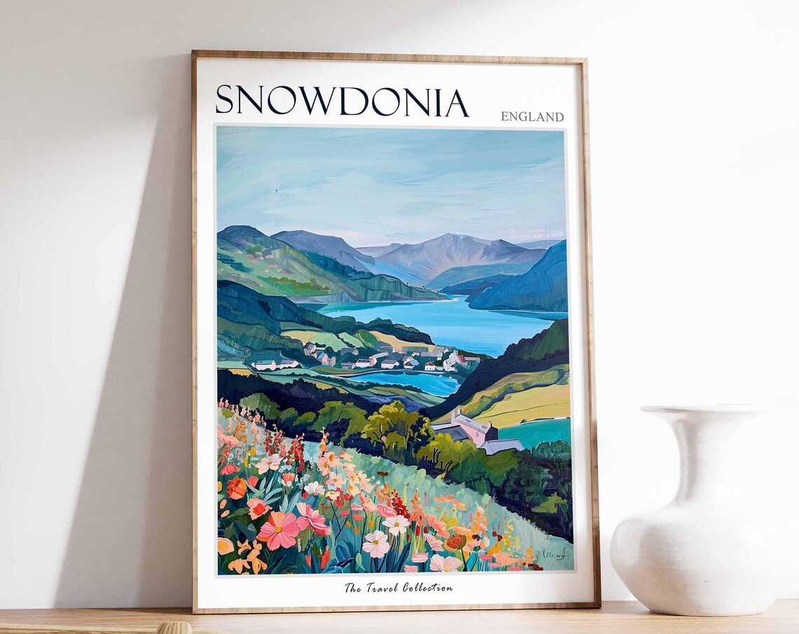 Snowdonia Blue Lake Lakeside Village Wildflower Travel Poster