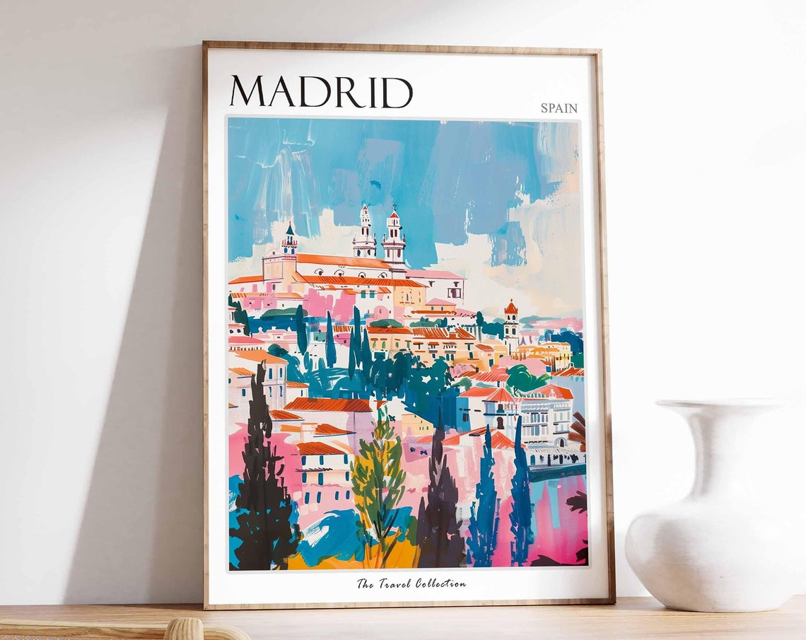 Madrid Spain Colorful Hilltop Old Town Cathedral Travel Poster
