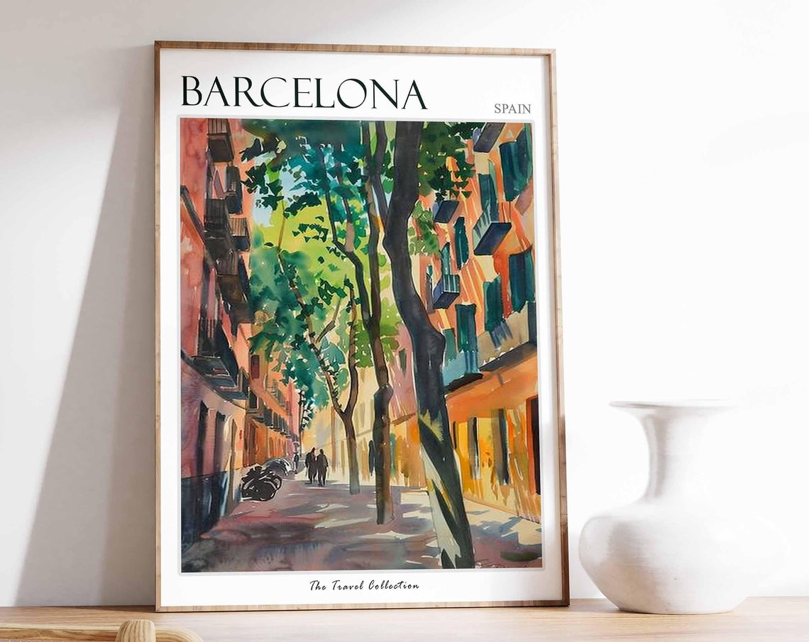 Barcelona Spain Tree Lined Street Watercolor Painted Travel Poster