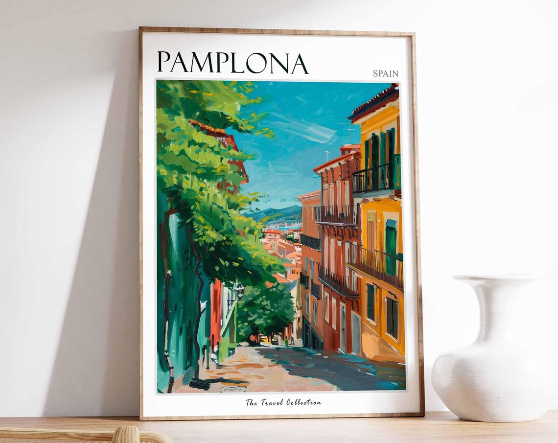 Pamplona Spain Leafy Old Street Green Trees Painting Travel Poster