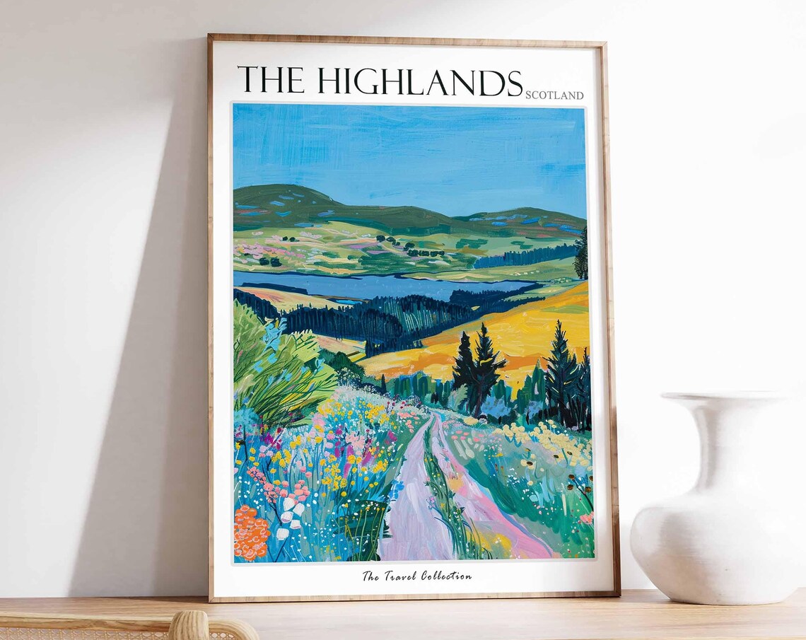 The Highlands Scotland Wildflower Path Loch Painted Travel Poster