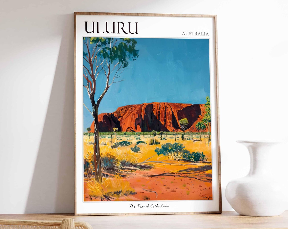 Uluru Australia Red Rock Golden Grass Eucalyptus Scene Poster